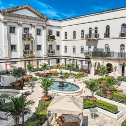 outdoor courtyard with a fountain